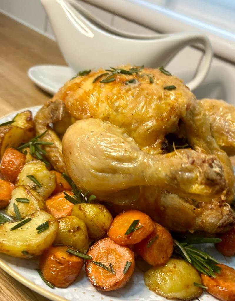 Slow cooked roast chicken with air fried potatoes & carrots Air Fryer UK